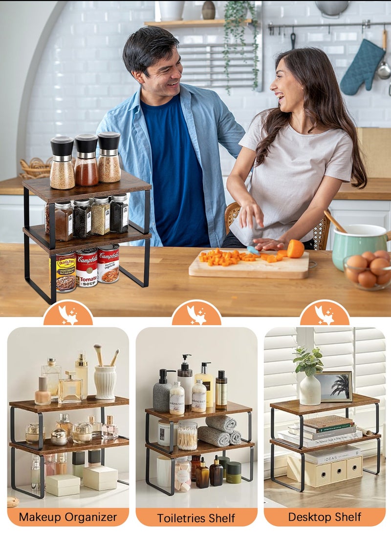 Cabinet Organizer Shelf Set of 2 Kitchen Counter Shelves Kitchen Storage Spice Rack Stackable Expandable Metal and Engineered Wood Brown and Black