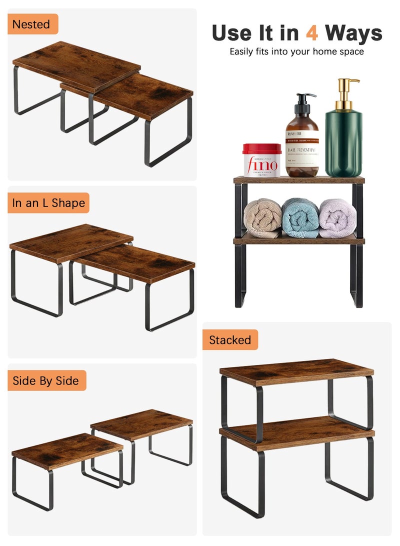 Cabinet Organizer Shelf Set of 2 Kitchen Counter Shelves Kitchen Storage Spice Rack Stackable Expandable Metal and Engineered Wood Brown and Black