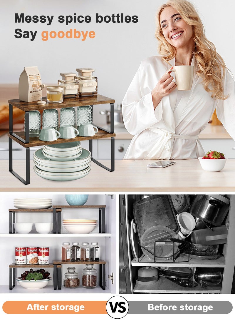 Cabinet Organizer Shelf Set of 2 Kitchen Counter Shelves Kitchen Storage Spice Rack Stackable Expandable Metal and Engineered Wood Brown and Black