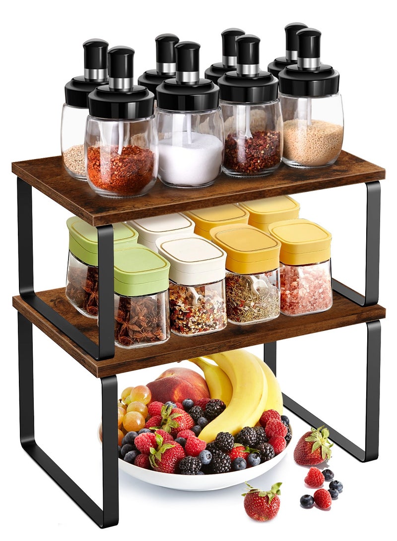 Cabinet Organizer Shelf Set of 2 Kitchen Counter Shelves Kitchen Storage Spice Rack Stackable Expandable Metal and Engineered Wood Brown and Black