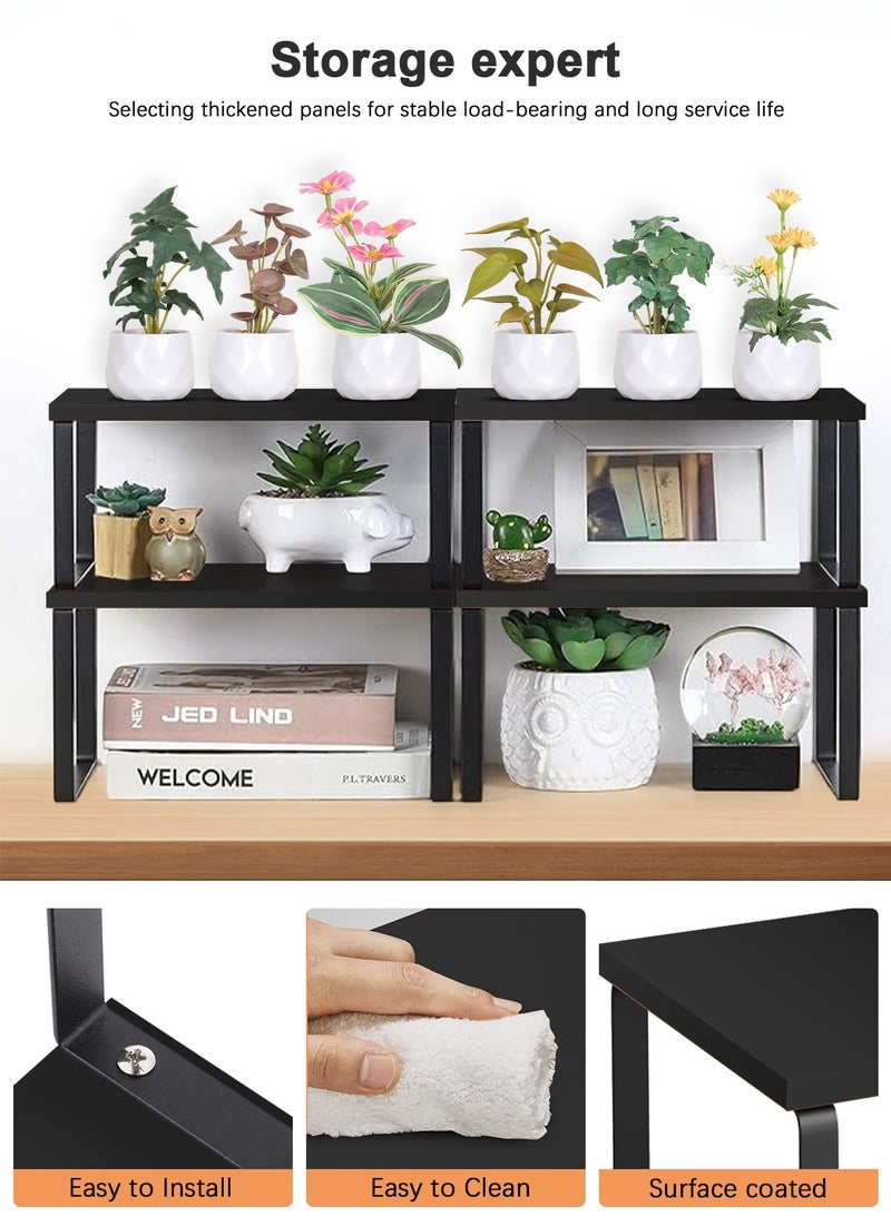 Cabinet Organizer Shelf Set of 2 Kitchen Counter Shelves Kitchen Storage Spice Rack Stackable Expandable Metal and Engineered Wood Black