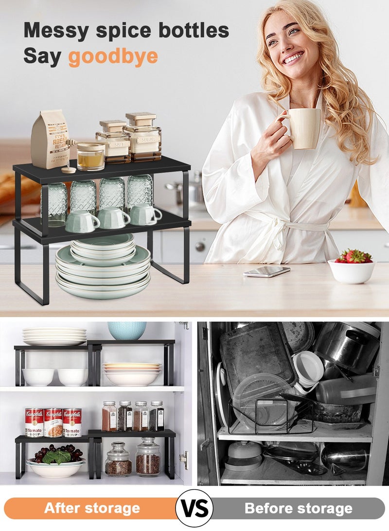 Cabinet Organizer Shelf Set of 2 Kitchen Counter Shelves Kitchen Storage Spice Rack Stackable Expandable Metal and Engineered Wood Black