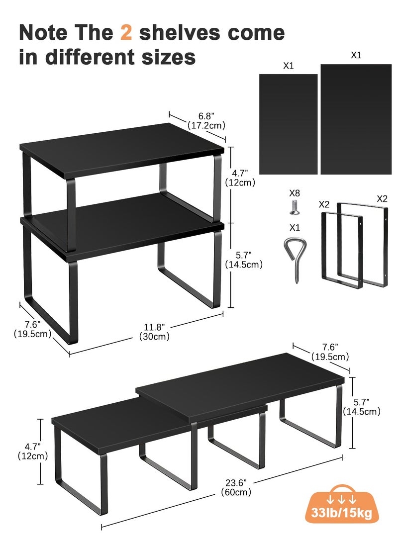 Cabinet Organizer Shelf Set of 2 Kitchen Counter Shelves Kitchen Storage Spice Rack Stackable Expandable Metal and Engineered Wood Black