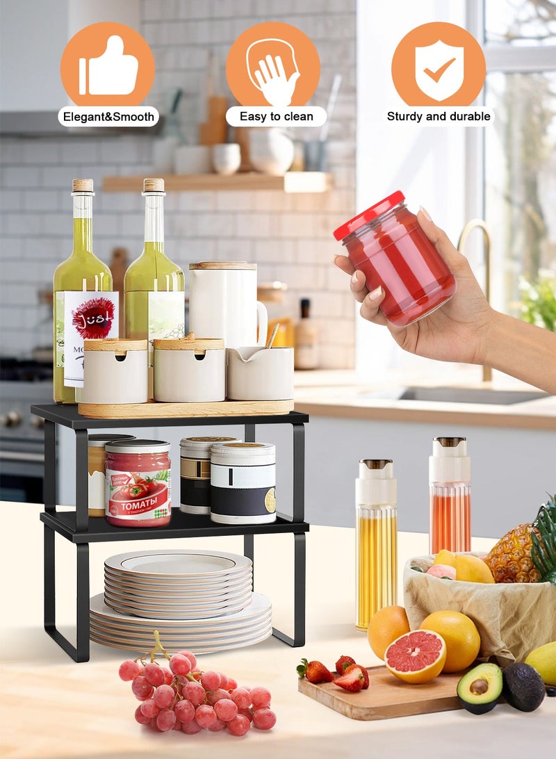 Cabinet Organizer Shelf Set of 2 Kitchen Counter Shelves Kitchen Storage Spice Rack Stackable Expandable Metal and Engineered Wood Black
