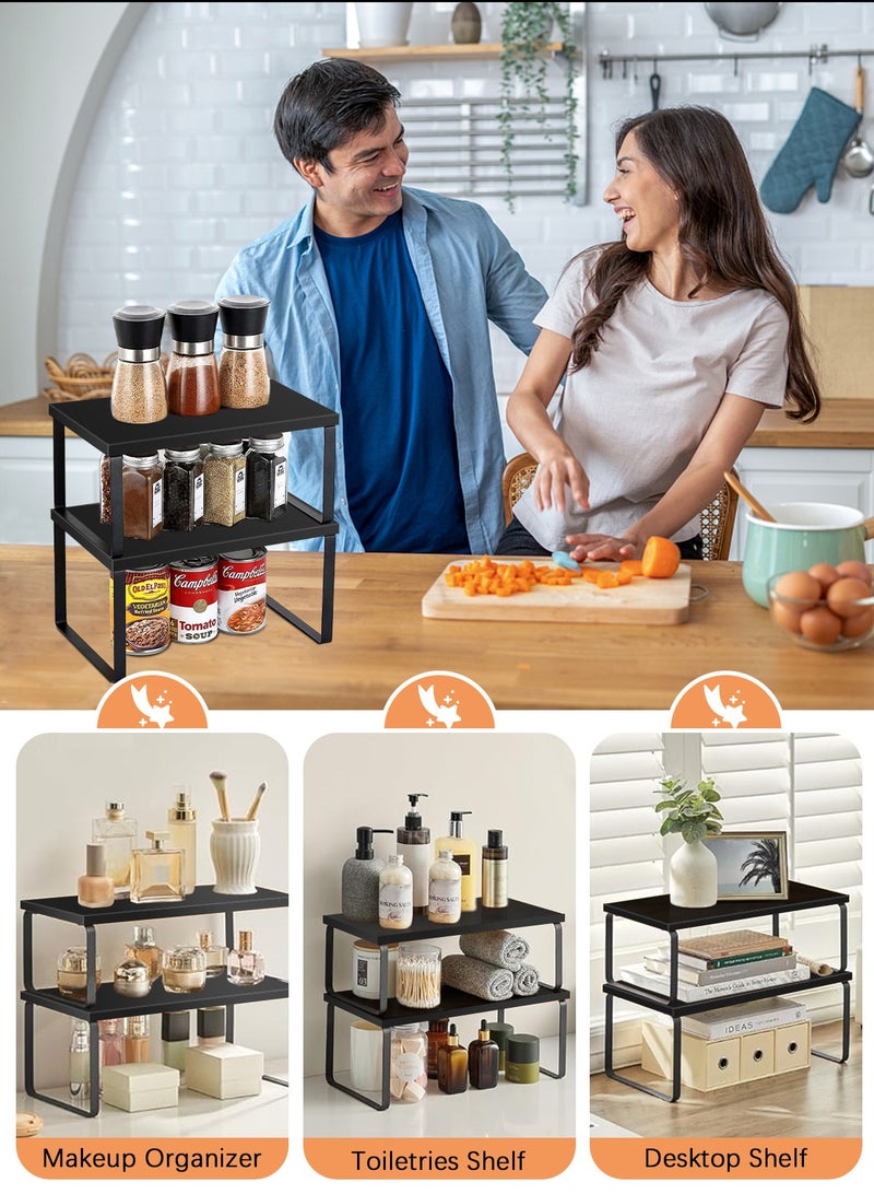 Cabinet Organizer Shelf Set of 2 Kitchen Counter Shelves Kitchen Storage Spice Rack Stackable Expandable Metal and Engineered Wood Black