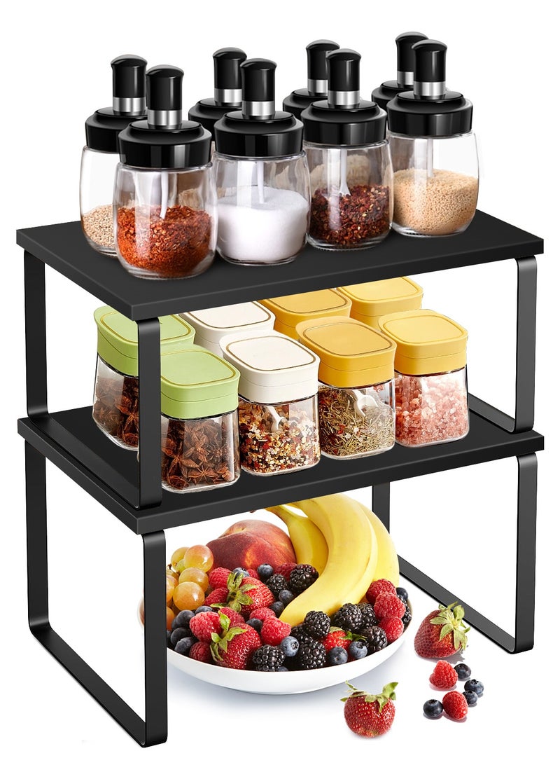 Cabinet Organizer Shelf Set of 2 Kitchen Counter Shelves Kitchen Storage Spice Rack Stackable Expandable Metal and Engineered Wood Black
