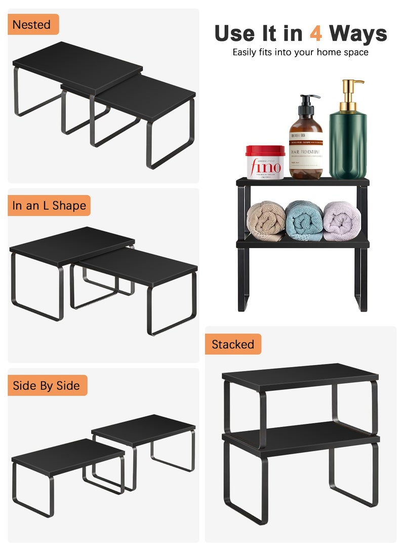 Cabinet Organizer Shelf Set of 2 Kitchen Counter Shelves Kitchen Storage Spice Rack Stackable Expandable Metal and Engineered Wood Black
