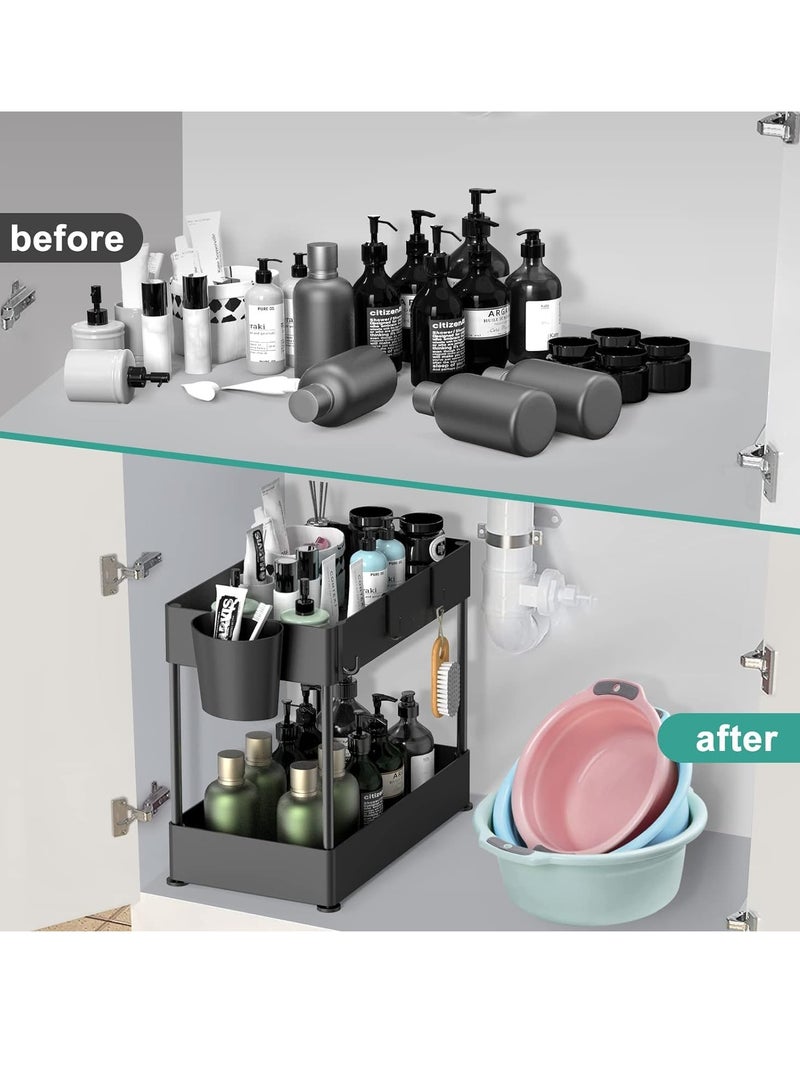 COOLBABY Under Sink Organizer 2-Tier Multifunctional Large Capacity Kitchen Under Sink Organizer and Storage Easy Access Sliding Storage Drawer