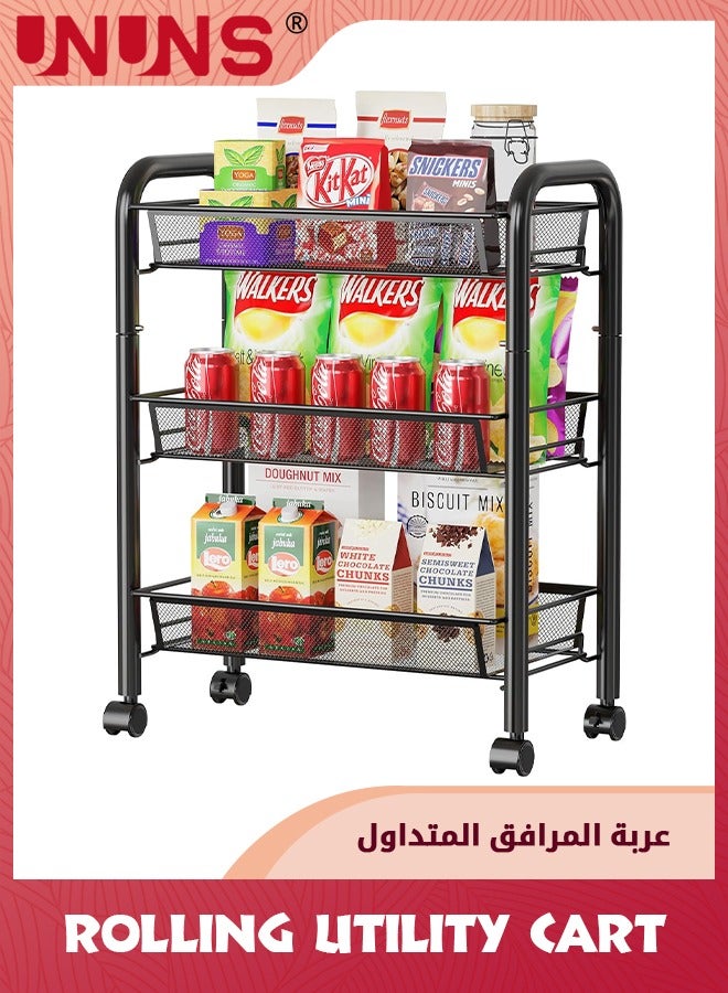 3-Tier Rolling Utility Cart,Rolling Metal Organization Cart With Lockable Wheels,Easy Assembly Mobile Utility Cart For Kitchen,Bathroom,Office,Workshop,Rolling Storage Cart