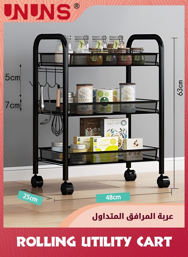 3-Tier Rolling Utility Cart,Rolling Metal Organization Cart With Lockable Wheels,Easy Assembly Mobile Utility Cart For Kitchen,Bathroom,Office,Workshop,Rolling Storage Cart