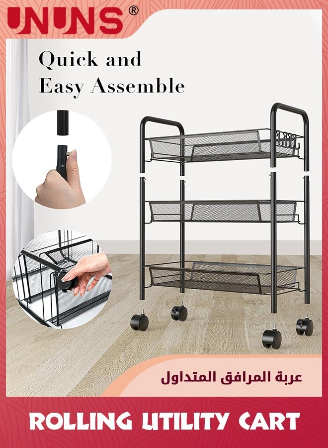 3-Tier Rolling Utility Cart,Rolling Metal Organization Cart With Lockable Wheels,Easy Assembly Mobile Utility Cart For Kitchen,Bathroom,Office,Workshop,Rolling Storage Cart