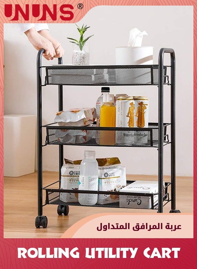 3-Tier Rolling Utility Cart,Rolling Metal Organization Cart With Lockable Wheels,Easy Assembly Mobile Utility Cart For Kitchen,Bathroom,Office,Workshop,Rolling Storage Cart