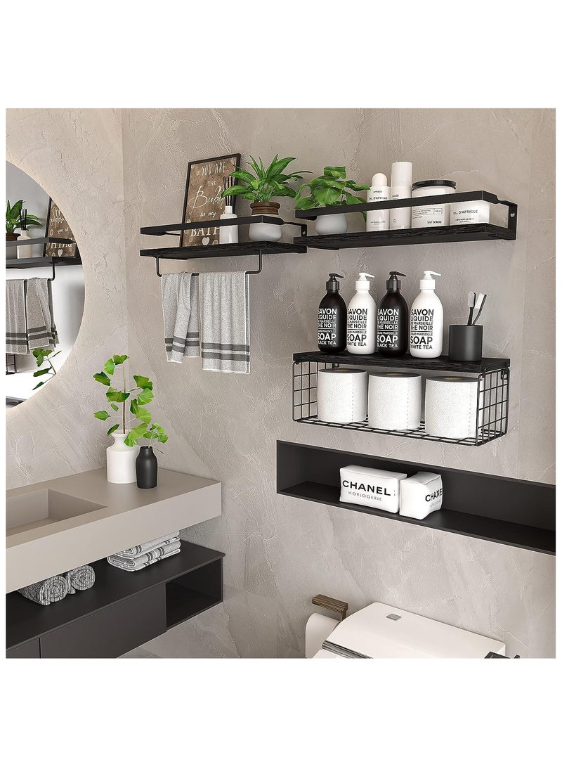 COOLBABY 3Pcs Bathroom Floating Shelves Wall Mounted Rustic Wood Shelves with Storage Basket