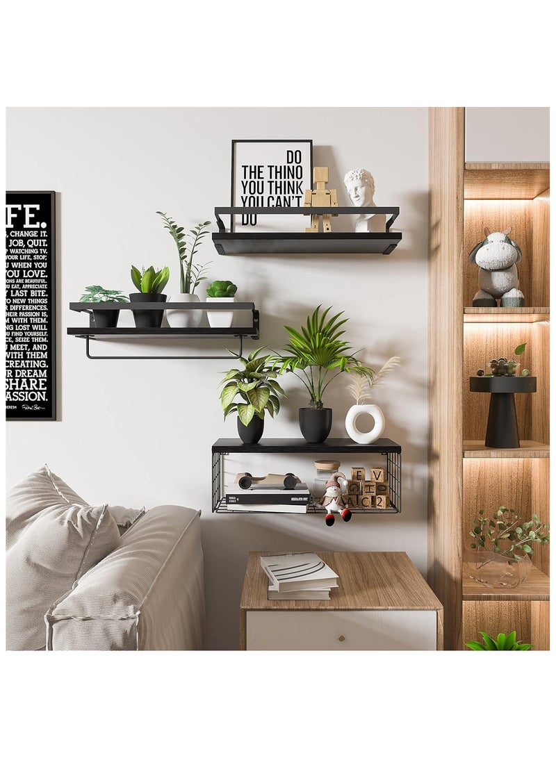 COOLBABY 3Pcs Bathroom Floating Shelves Wall Mounted Rustic Wood Shelves with Storage Basket