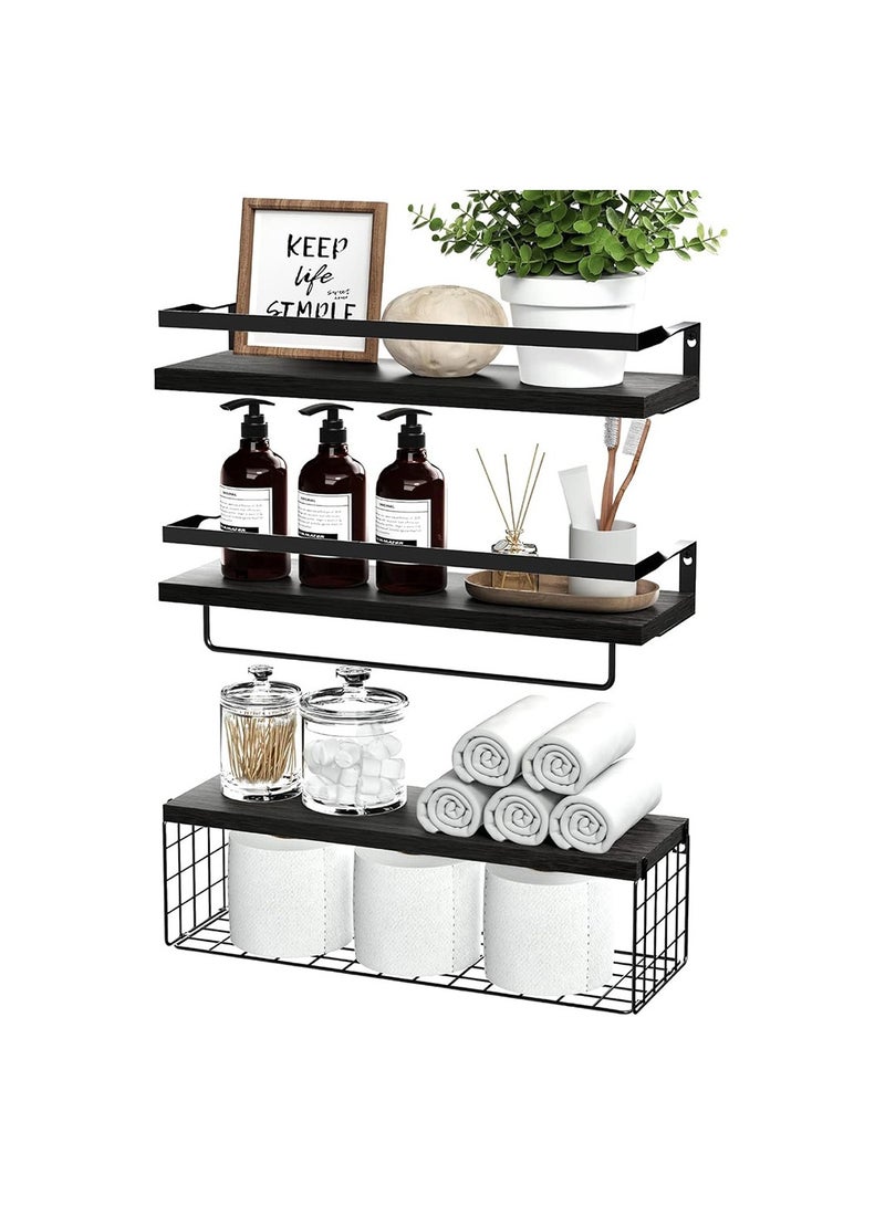 COOLBABY 3Pcs Bathroom Floating Shelves Wall Mounted Rustic Wood Shelves with Storage Basket