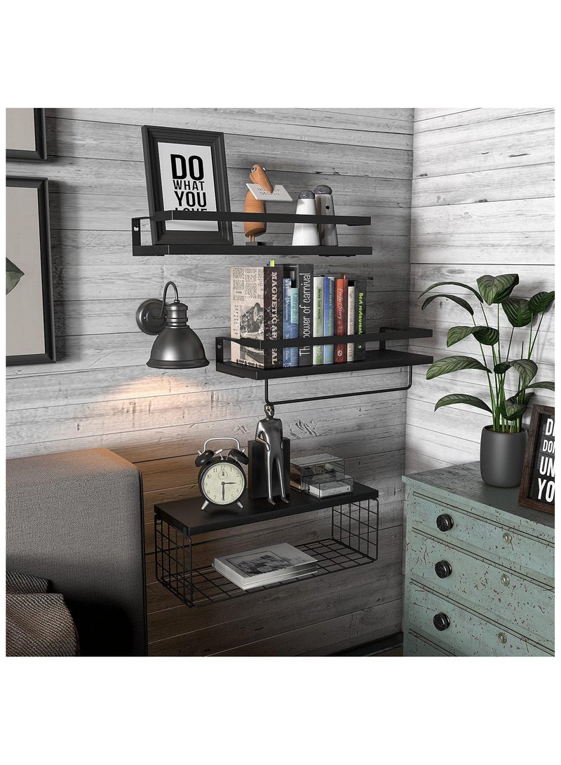 COOLBABY 3Pcs Bathroom Floating Shelves Wall Mounted Rustic Wood Shelves with Storage Basket