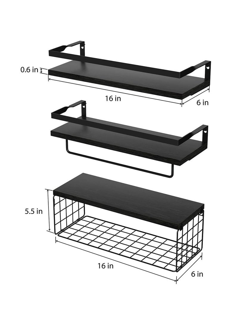 COOLBABY 3Pcs Bathroom Floating Shelves Wall Mounted Rustic Wood Shelves with Storage Basket