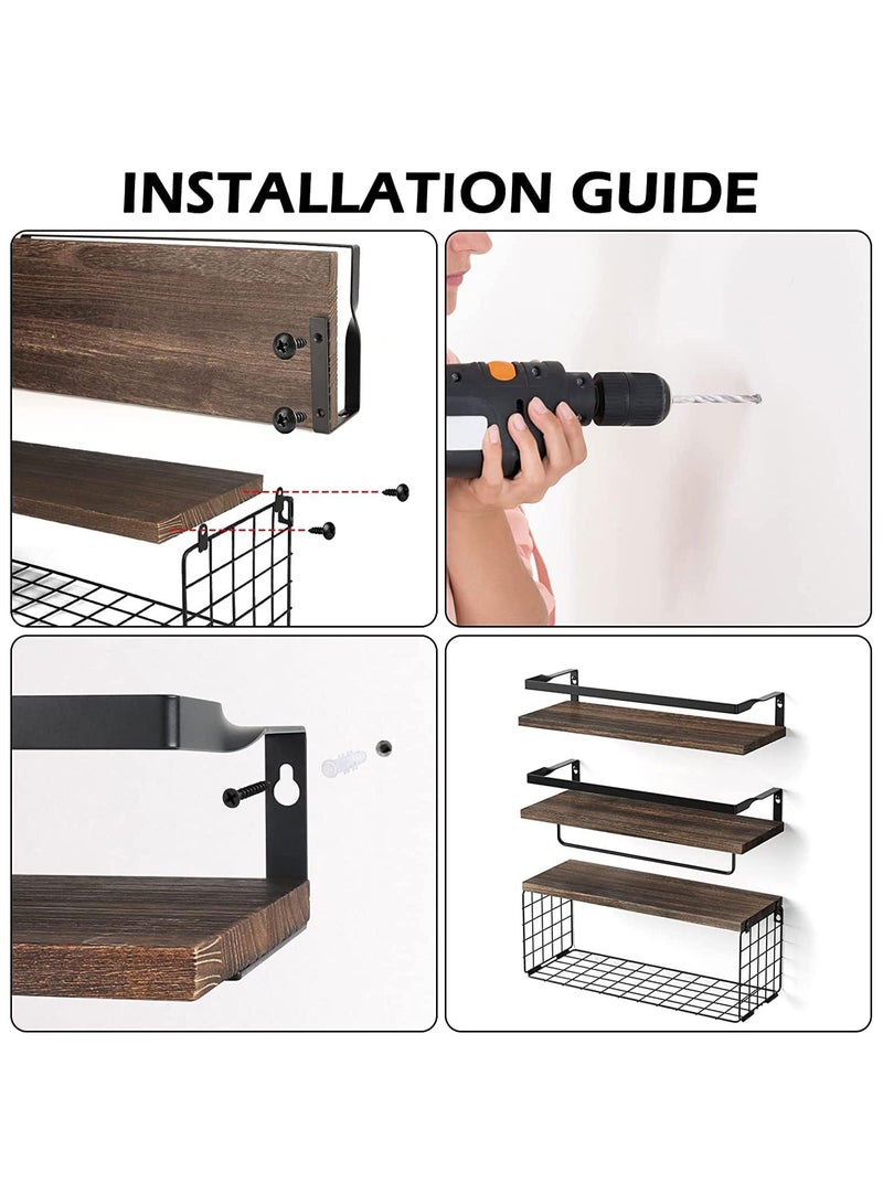 COOLBABY 3Pcs Bathroom Floating Shelves Wall Mounted Rustic Wood Shelves with Storage Basket