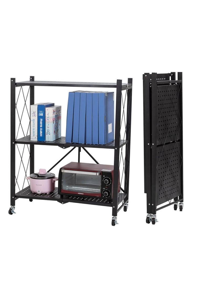 COOLBABY Folding Shelf 3 Tier Storage Shelves Kitchen Cabinet Storage Rack with Wheels Storage Organizer Rack