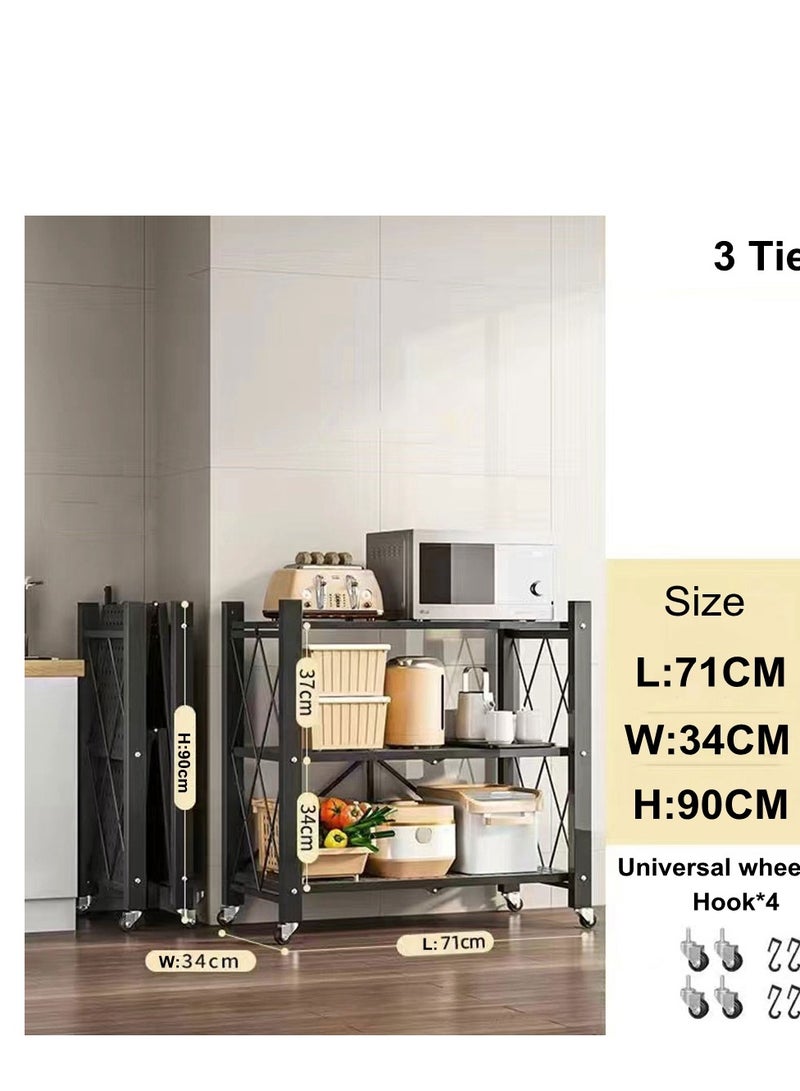 COOLBABY Folding Shelf 3 Tier Storage Shelves Kitchen Cabinet Storage Rack with Wheels Storage Organizer Rack