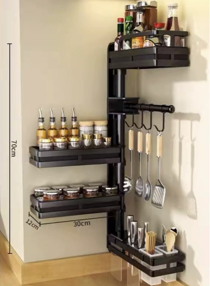 5-Tiers Kitchen Spice Rack Organizer Wall-mounted Storage Rack Carbon Steel Black 70x30x12cm