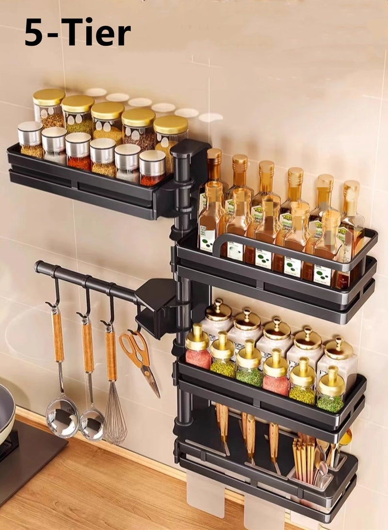 5-Tiers Kitchen Spice Rack Organizer Wall-mounted Storage Rack Carbon Steel Black 70x30x12cm