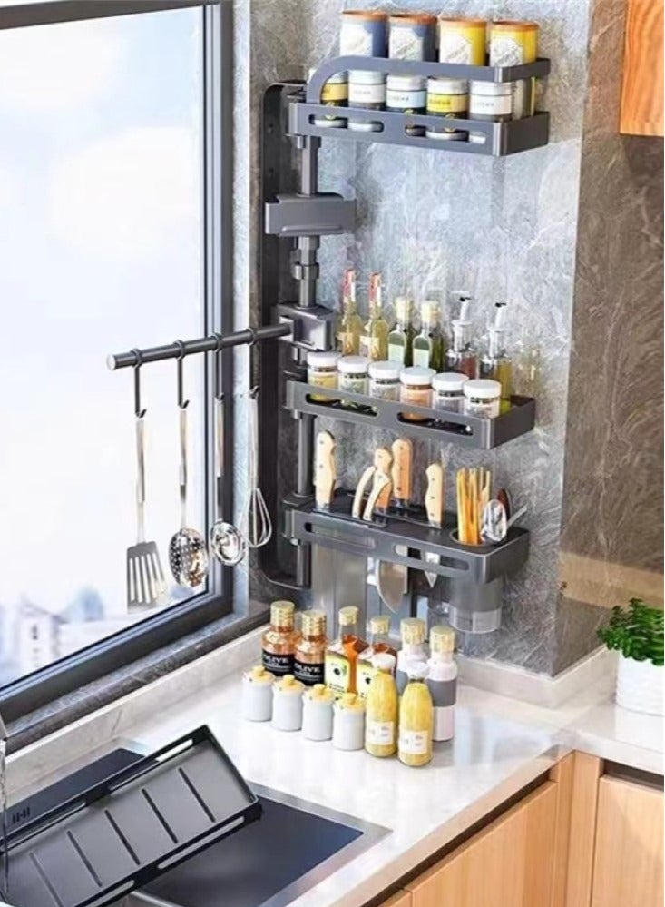 5-Tiers Kitchen Spice Rack Organizer Wall-mounted Storage Rack Carbon Steel Black 70x30x12cm