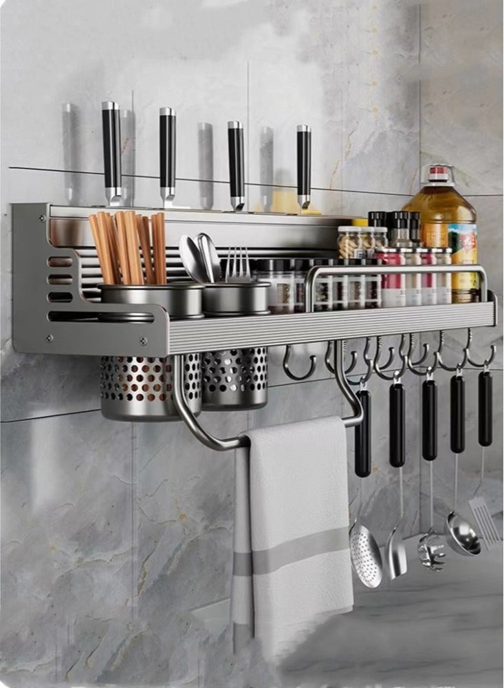 1-Piece Kitchen Knife Storage Rack Kitchen Shelving Kitchen Cutlery Organizer With Towel Rack And 10 hooks Aluminum Grey 60x10x7 cm