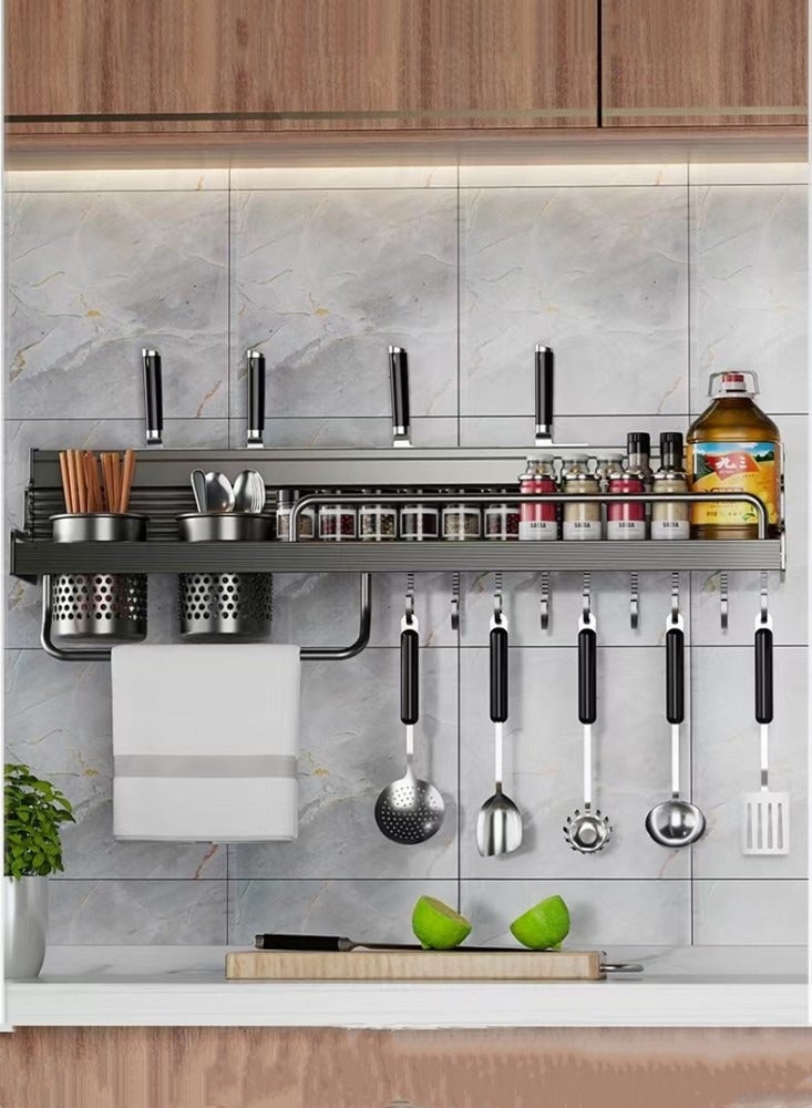 1-Piece Kitchen Knife Storage Rack Kitchen Shelving Kitchen Cutlery Organizer With Towel Rack And 10 hooks Aluminum Grey 60x10x7 cm