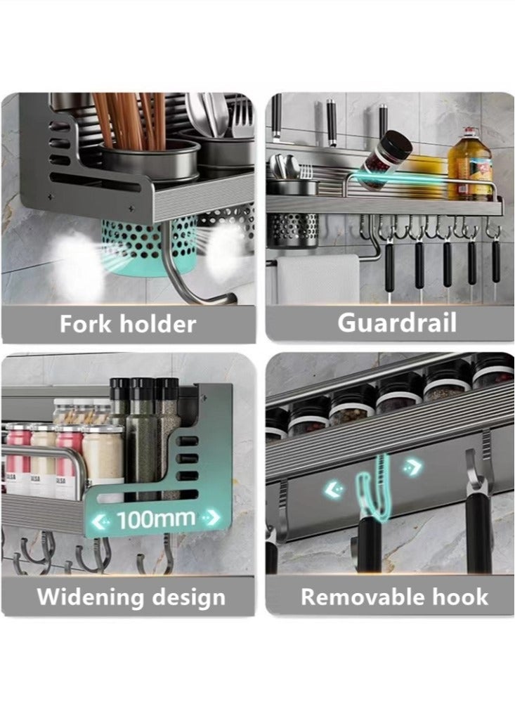 1-Piece Kitchen Knife Storage Rack Kitchen Shelving Kitchen Cutlery Organizer With Towel Rack And 10 hooks Aluminum Grey 60x10x7 cm