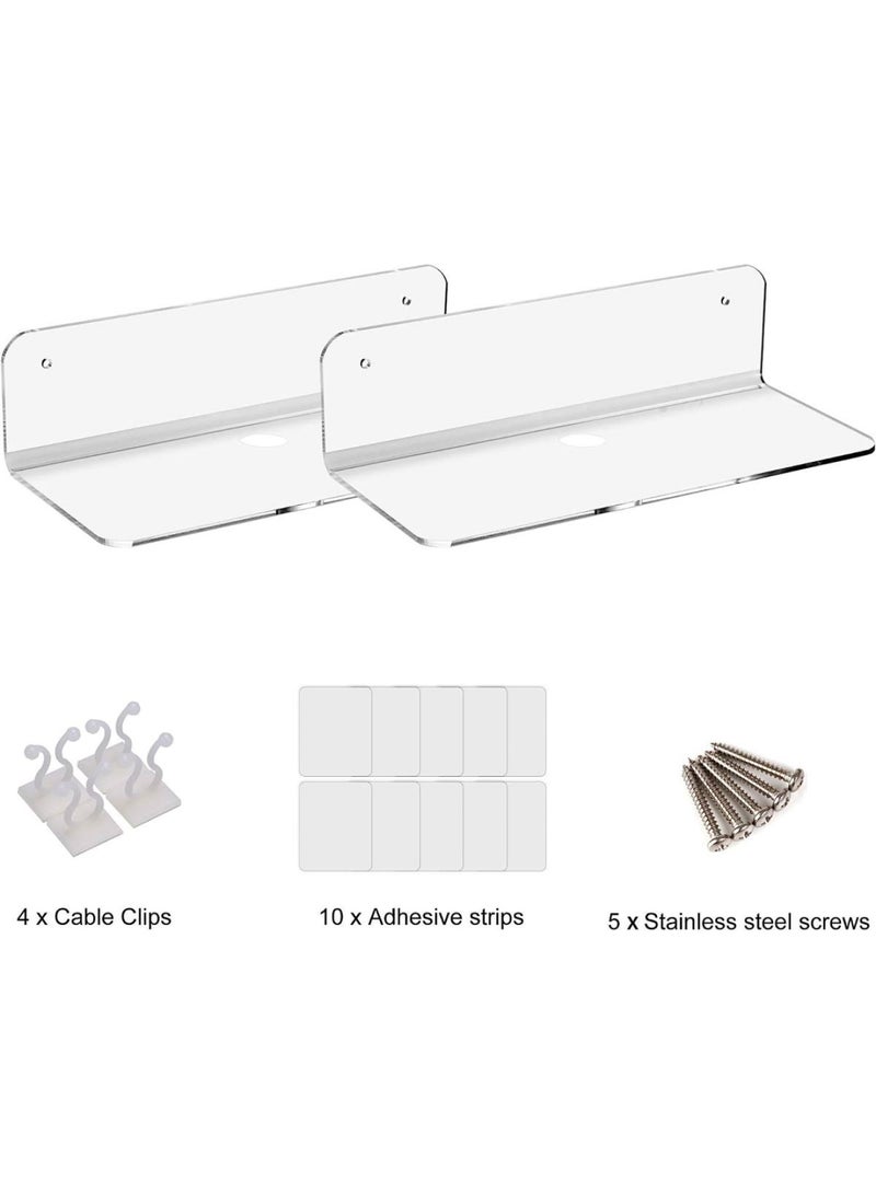 Floating Shelves Set Of 2 With Cable Clips - Easily Expand Wall Space - Acrylic Small Wall Shelf For Bedroom Bathroom Gaming Room Living Room Office - Clear