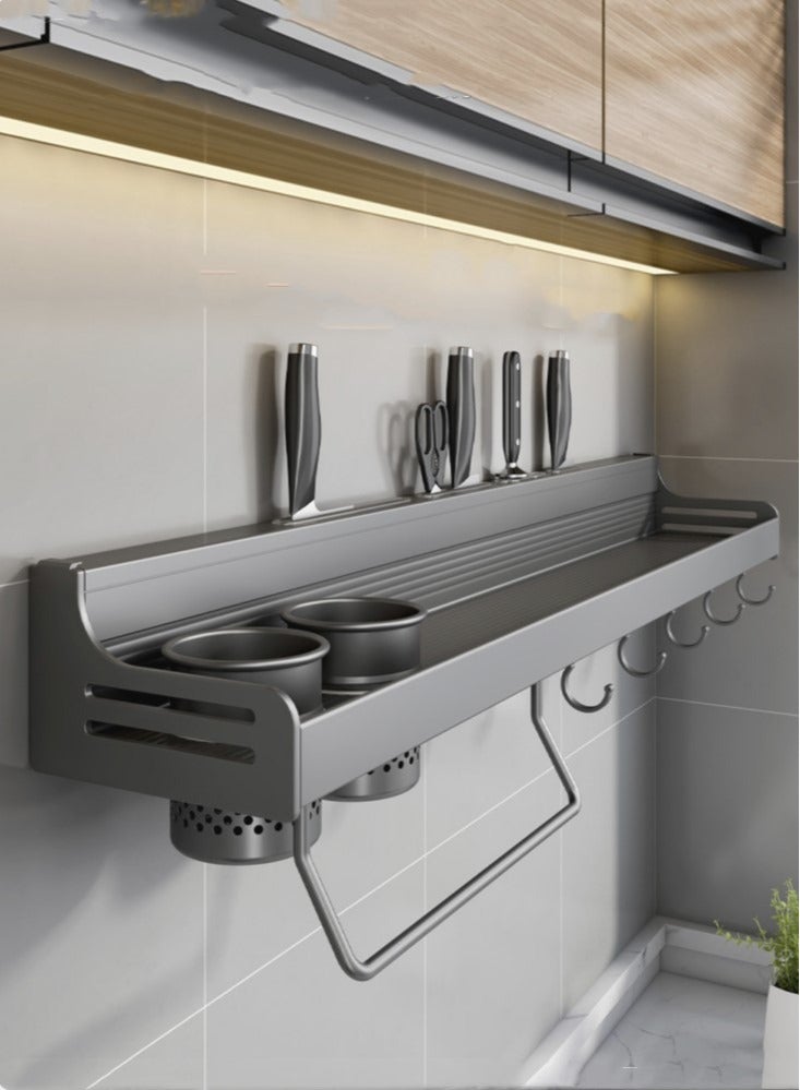 1-Piece Kitchen Wall Rack Multi-functional Durable Stylish Aluminum Kitchen Organizer Grey 60x14x9.5 cm