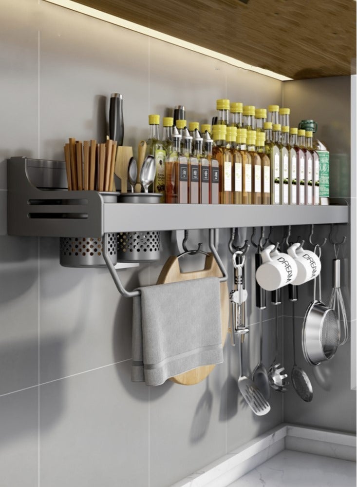 1-Piece Kitchen Wall Rack Multi-functional Durable Stylish Aluminum Kitchen Organizer Grey 60x14x9.5 cm