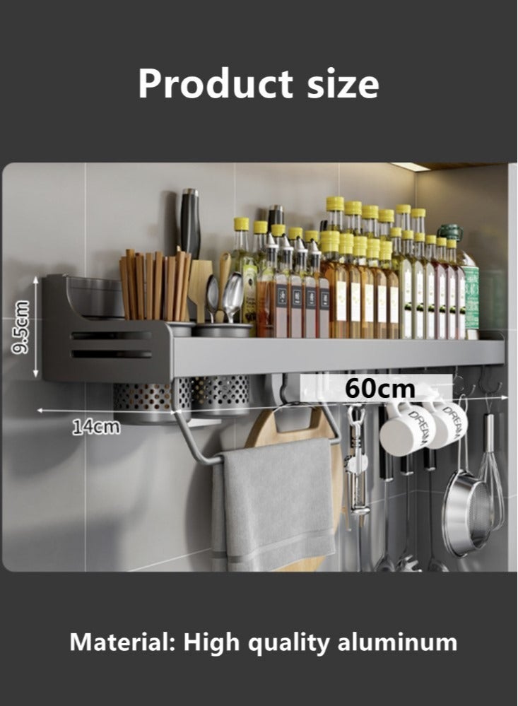 1-Piece Kitchen Wall Rack Multi-functional Durable Stylish Aluminum Kitchen Organizer Grey 60x14x9.5 cm