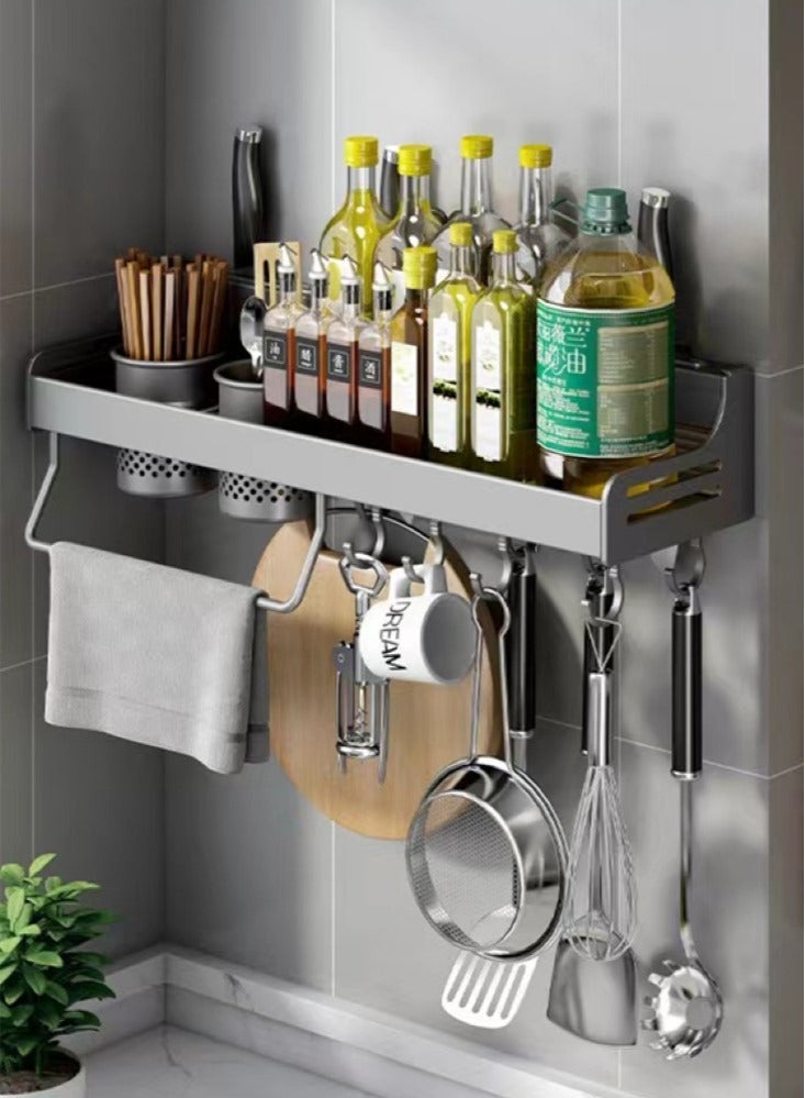 1-Piece Kitchen Wall Rack Multi-functional Durable Stylish Aluminum Kitchen Organizer Grey 60x14x9.5 cm