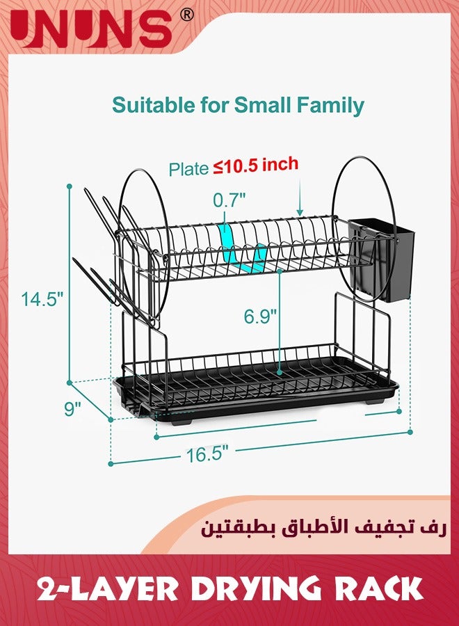 Dish Drying Rack,2 Tier Dish Racks For Kitchen Counter With Drainboard,Multifunctional Carbon Steel Material Dish Drainer,Large Dish Rack With Drying Mat And Wine Glass Holder,Black