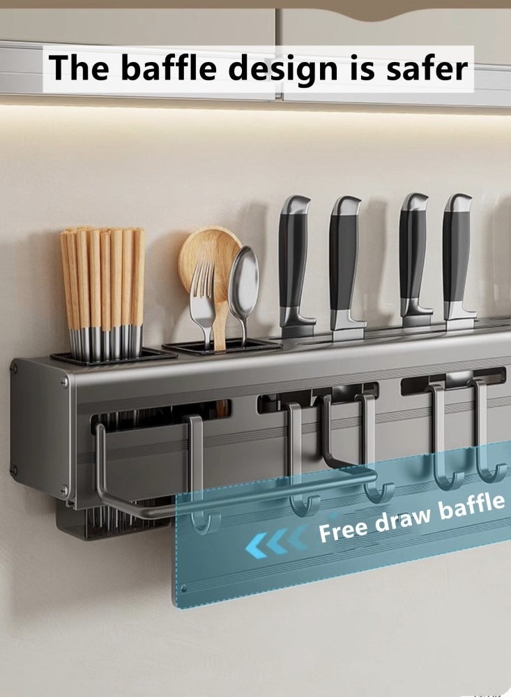 1-Piece Kitchen Knife Storage Rack Kitchen Shelving Kitchen Cutlery Organizer With With Double Cup And 12 Hooks  Black 60x6x7 cm