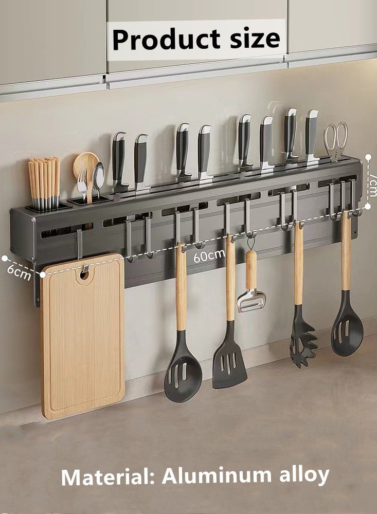 1-Piece Kitchen Knife Storage Rack Kitchen Shelving Kitchen Cutlery Organizer With With Double Cup And 12 Hooks  Black 60x6x7 cm