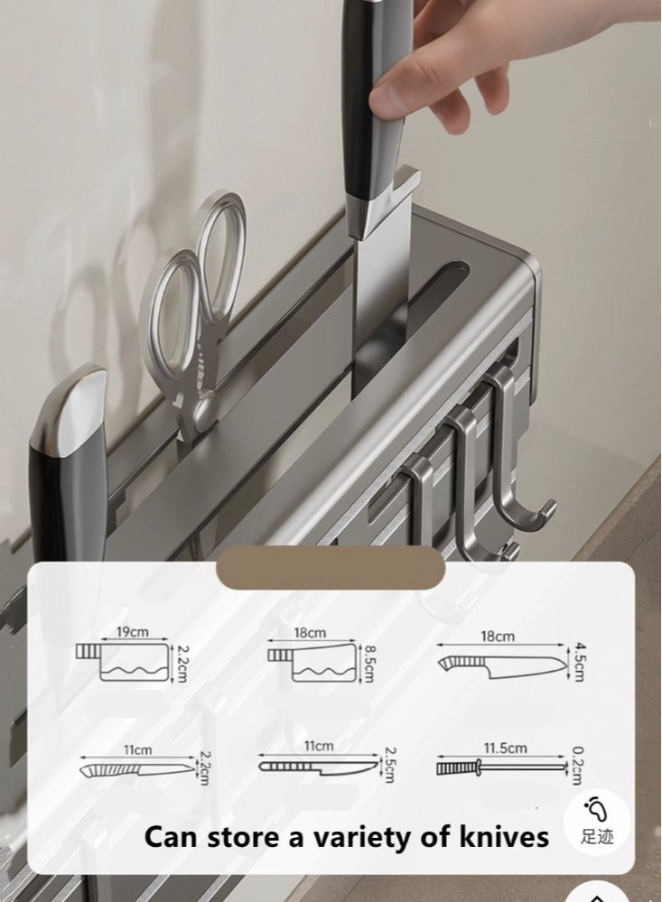 1-Piece Kitchen Knife Storage Rack Kitchen Shelving Kitchen Cutlery Organizer With With Double Cup And 12 Hooks  Black 60x6x7 cm