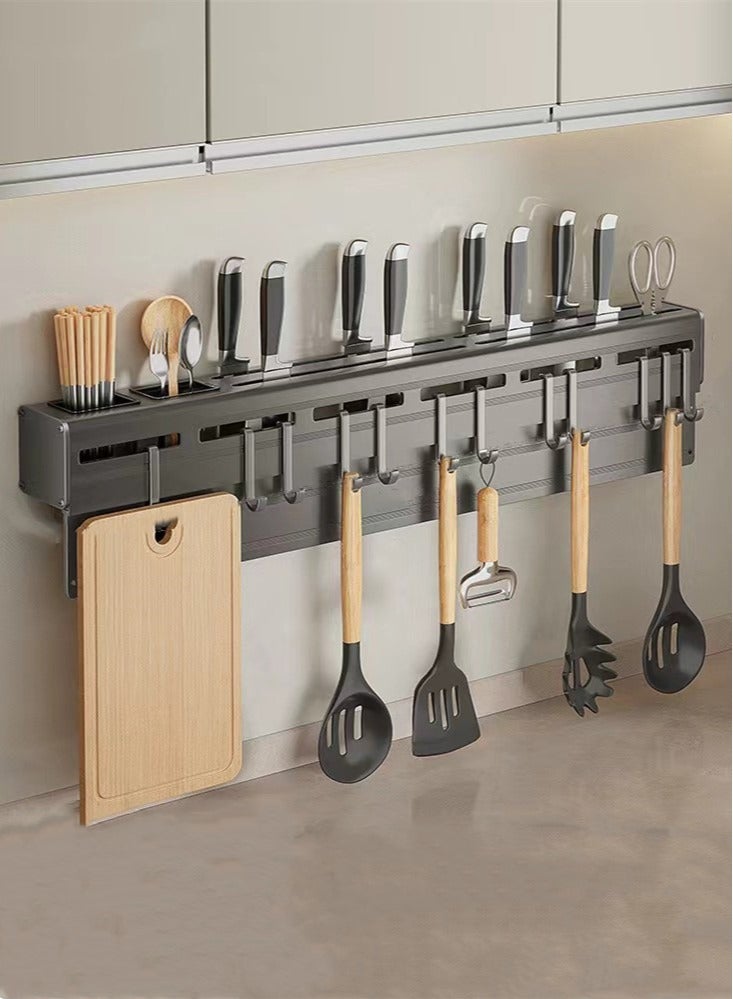 1-Piece Kitchen Knife Storage Rack Kitchen Shelving Kitchen Cutlery Organizer With With Double Cup And 12 Hooks  Black 60x6x7 cm