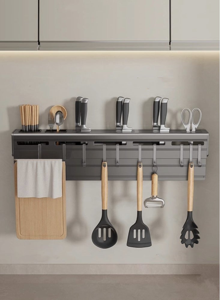 1-Piece Kitchen Knife Storage Rack Kitchen Shelving Kitchen Cutlery Organizer With With Double Cup And 12 Hooks  Black 60x6x7 cm