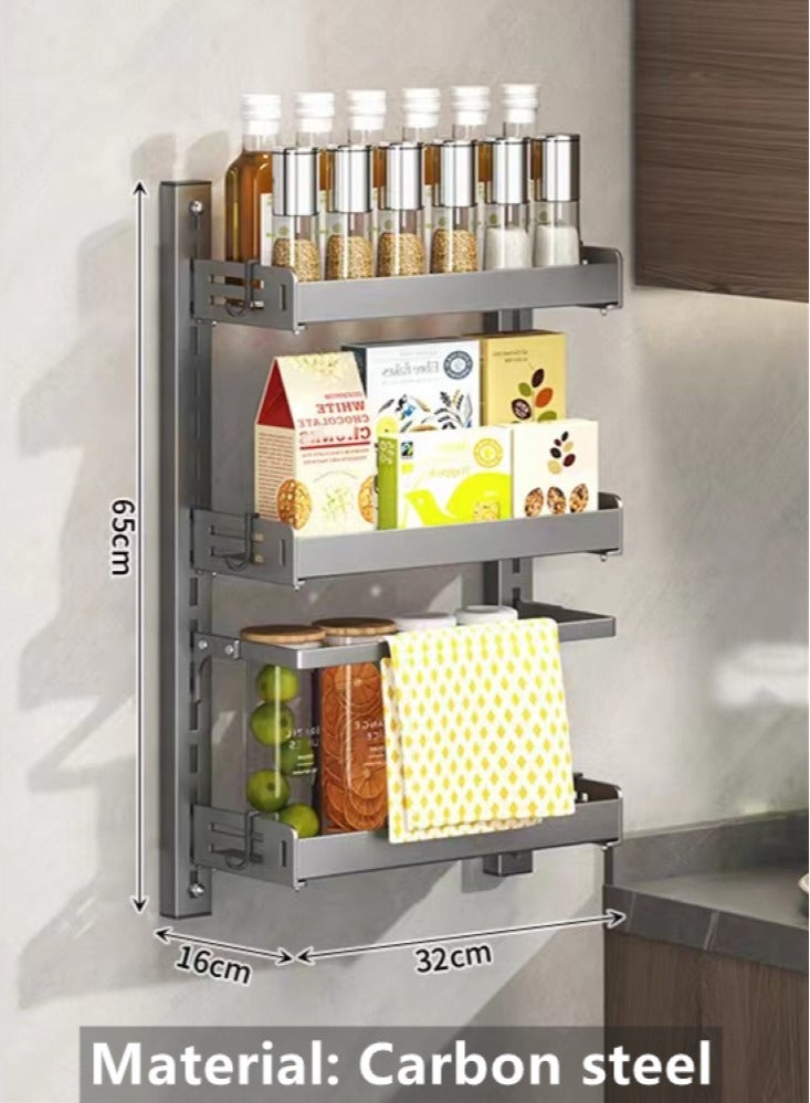 1-Piece Multifunctional Kitchen Spice Rack Organizer Wall Mounted Storage Rack and Hooks Towel Rack Grey 32x16x65 Centimeter