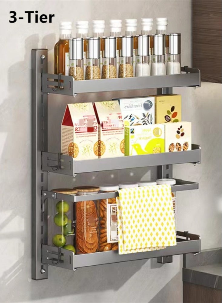 1-Piece Multifunctional Kitchen Spice Rack Organizer Wall Mounted Storage Rack and Hooks Towel Rack Grey 32x16x65 Centimeter