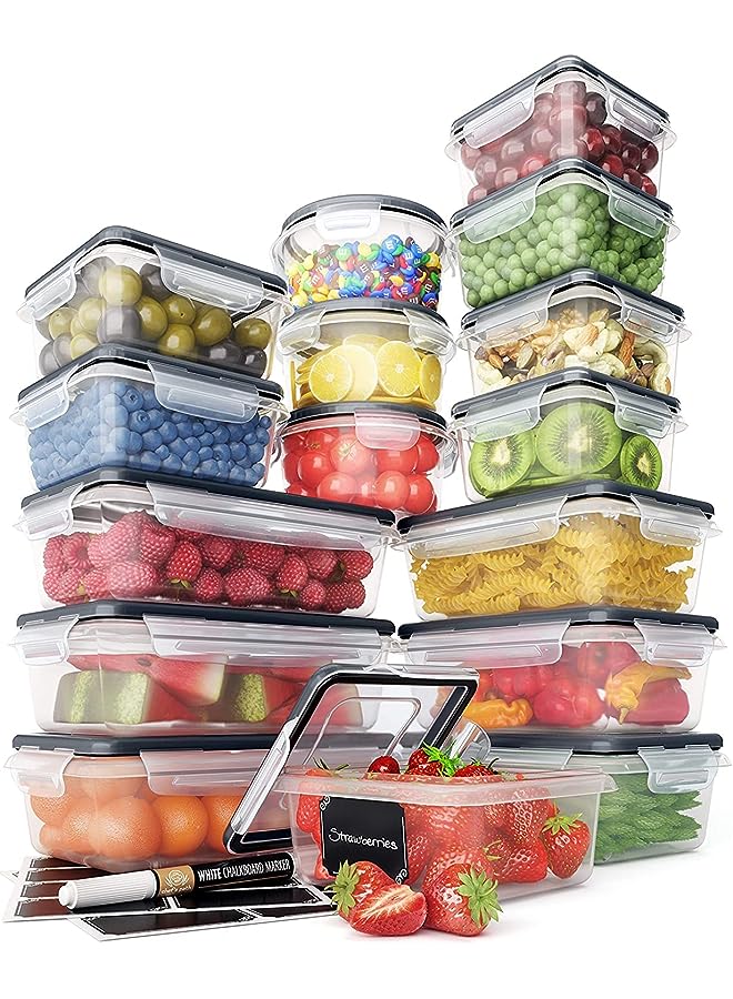 32 Piece Food Storage Containers Set with Easy Snap Lids (16 Lids + 16 Containers) - Airtight Plastic Containers for Pantry & Kitchen Organization - with Free Labels & Marker (16)