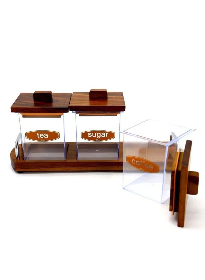 3-Piece Sugar Canister Set With Wooden Lid & Stand