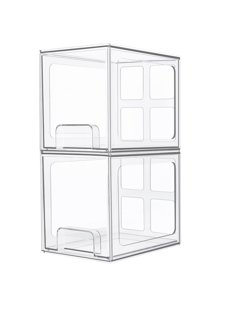 Stackable Storage Drawers, 2 Pack 6.6''Tall Acrylic Bathroom Makeup Organizers, Clear Plastic Storage Bins For Vanity, Undersink, Kitchen Cabinet, Pantry Organization and Storage
