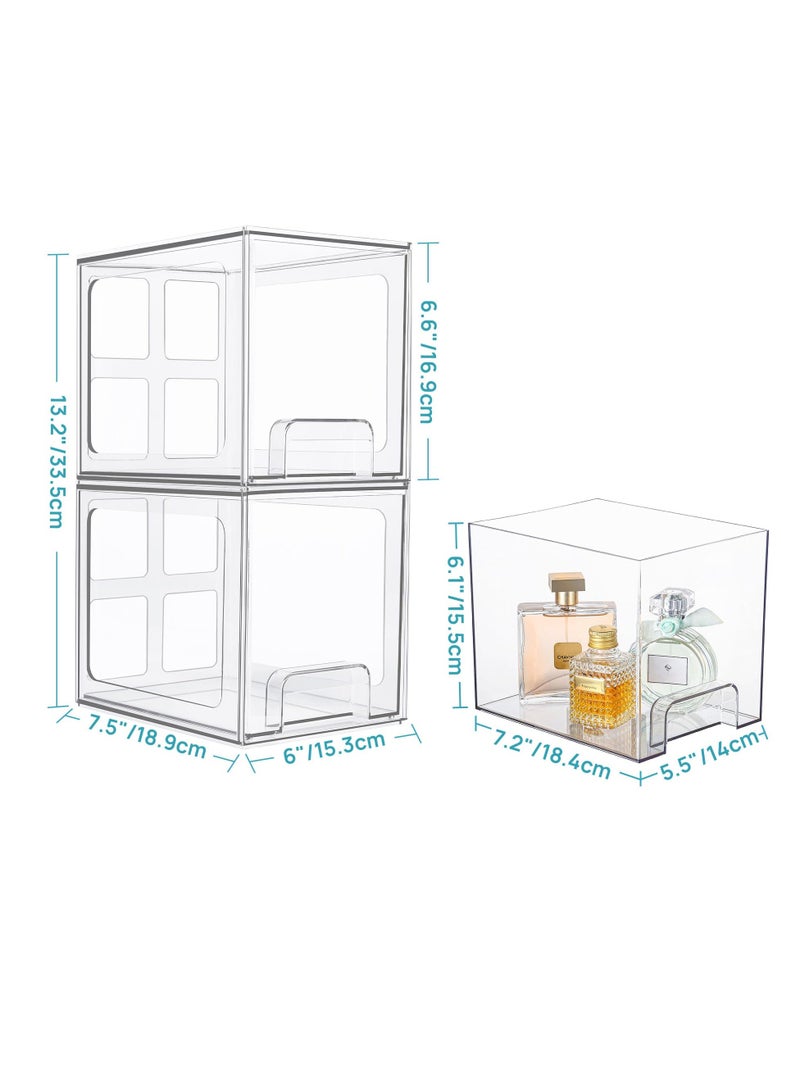 Stackable Storage Drawers, 2 Pack 6.6''Tall Acrylic Bathroom Makeup Organizers, Clear Plastic Storage Bins For Vanity, Undersink, Kitchen Cabinet, Pantry Organization and Storage