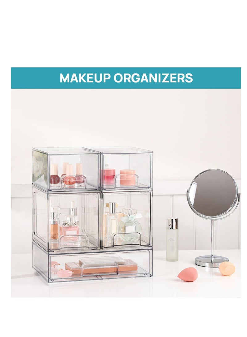 Stackable Storage Drawers, 2 Pack 6.6''Tall Acrylic Bathroom Makeup Organizers, Clear Plastic Storage Bins For Vanity, Undersink, Kitchen Cabinet, Pantry Organization and Storage