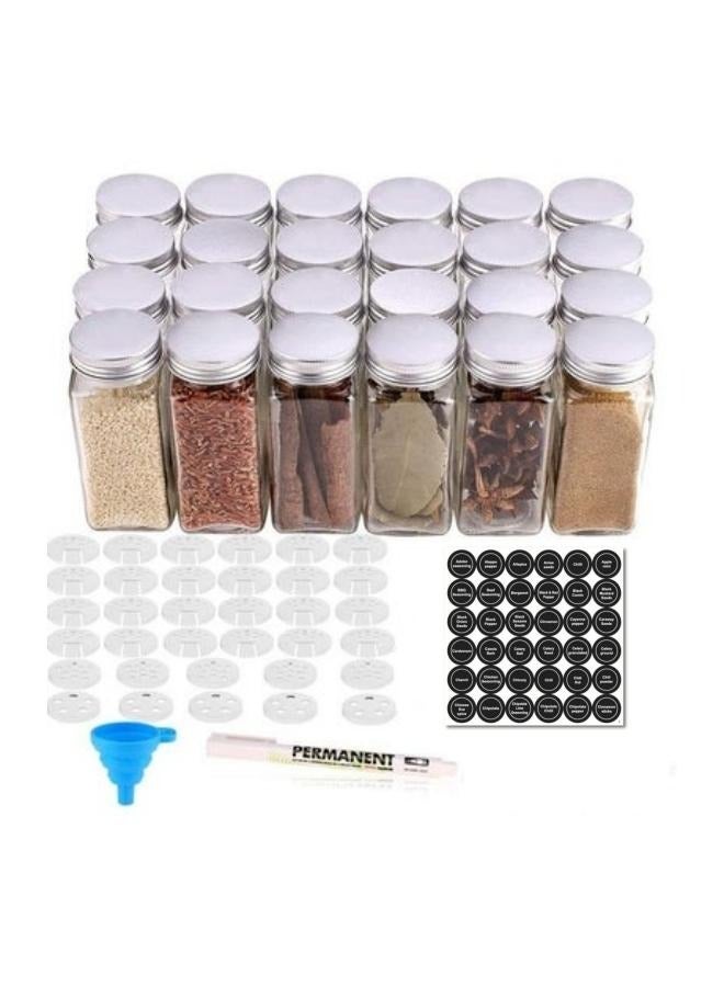 24 Square Glass Spice Jars with Labels, Shaker Lids, White Paint Pen, Silicone Funnel