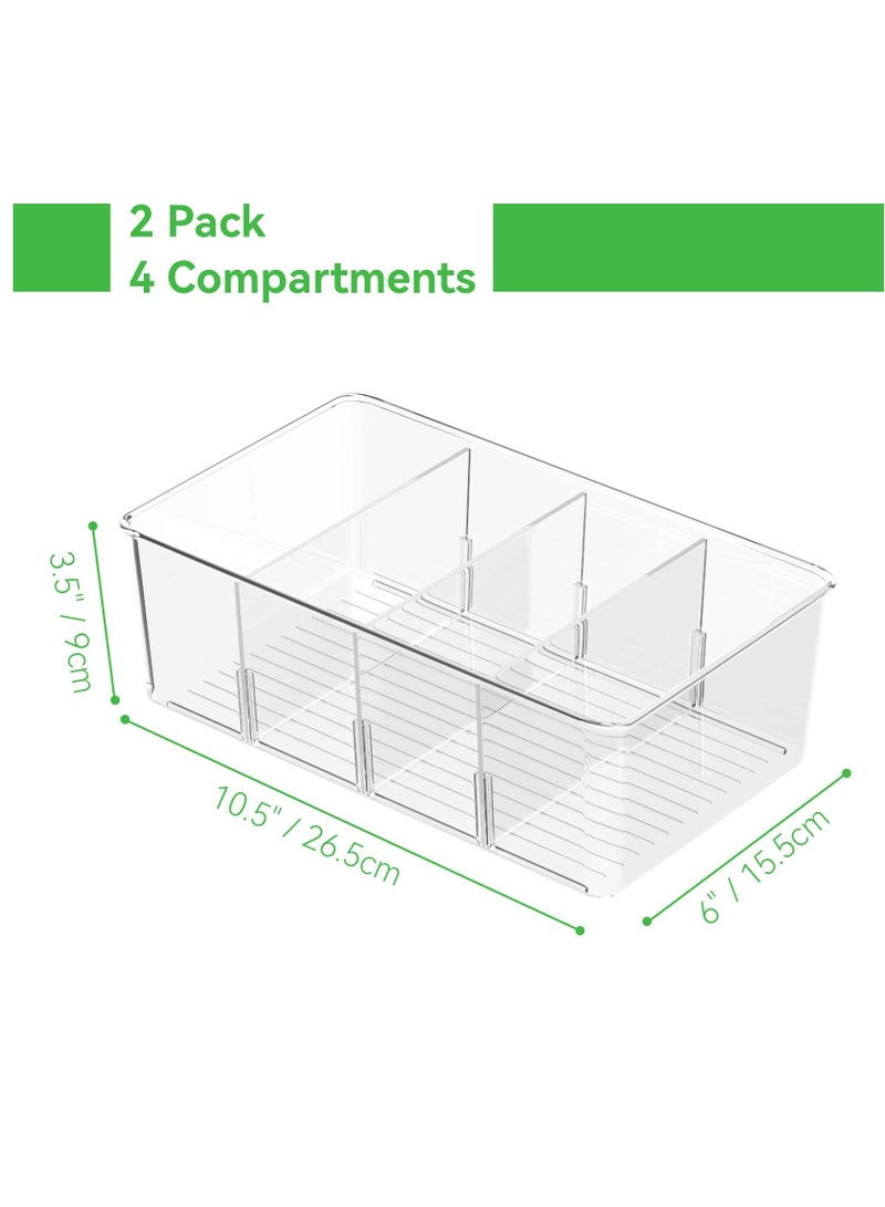 Fridge Organiser Divided, 2 Pack Snack Organiser Bins, Stackable Storage Box with Removable Divider, Clear Practical Drawer Organization Container for Kitchen Cupboard Refrigerator, BPA-Free